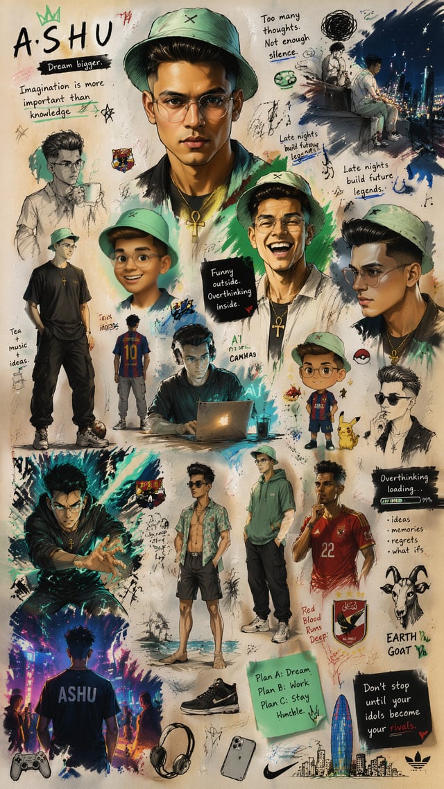 Messy personal sketchbook illustration page of a character named “A S H U”, inspired by the uploaded