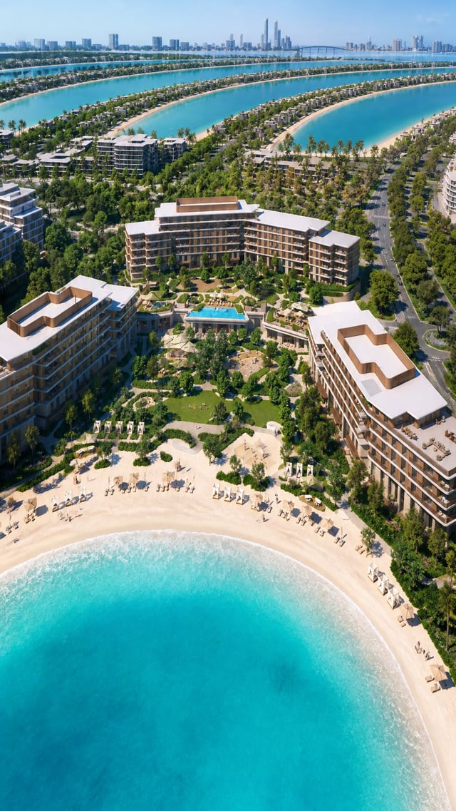 A high-angle aerial perspective captures a luxury coastal resort complex characterized by tiered, mo
