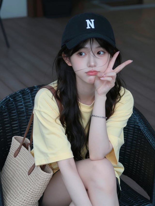 Real photography, Asian young beauty, airy wavy long hair over shoulders, black baseball cap with wh