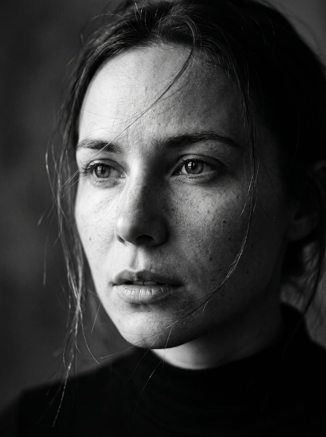 Ultra-detailed black and white cinematic close-up portrait of the woman from the reference imagefocu