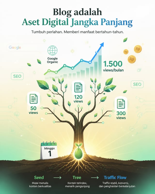 Create a vertical 4:5 (1080x1350) mixed-style visual about blog as a long-term digital asset. Bottom