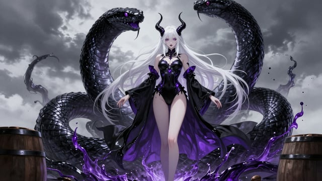 A pale, ethereal succubus with long white hair and sharp horns commands the center frame, draped in 