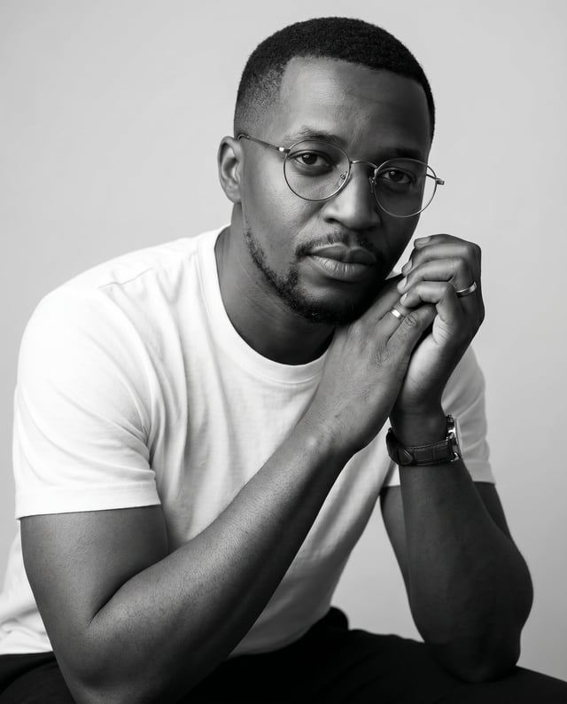 high-end black and white indoor studio portrait of the same person as the reference image. [use the 