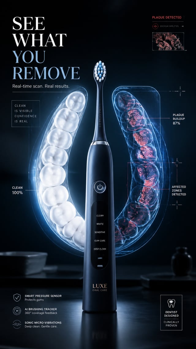 A premium 9:16 toothbrush advertising poster.Main Subject:A premium electric toothbrush.The composit
