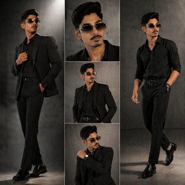 Aspect ratio 1:1. Luxury fashion editorial, three-panel composite layout on cool-grey studio backgro