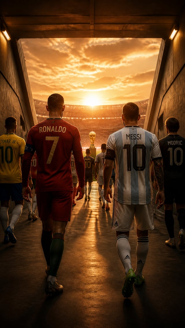 Famous soccer players Ronaldo and messi on other side in iconic jerseys approaching a FIFA World Cup