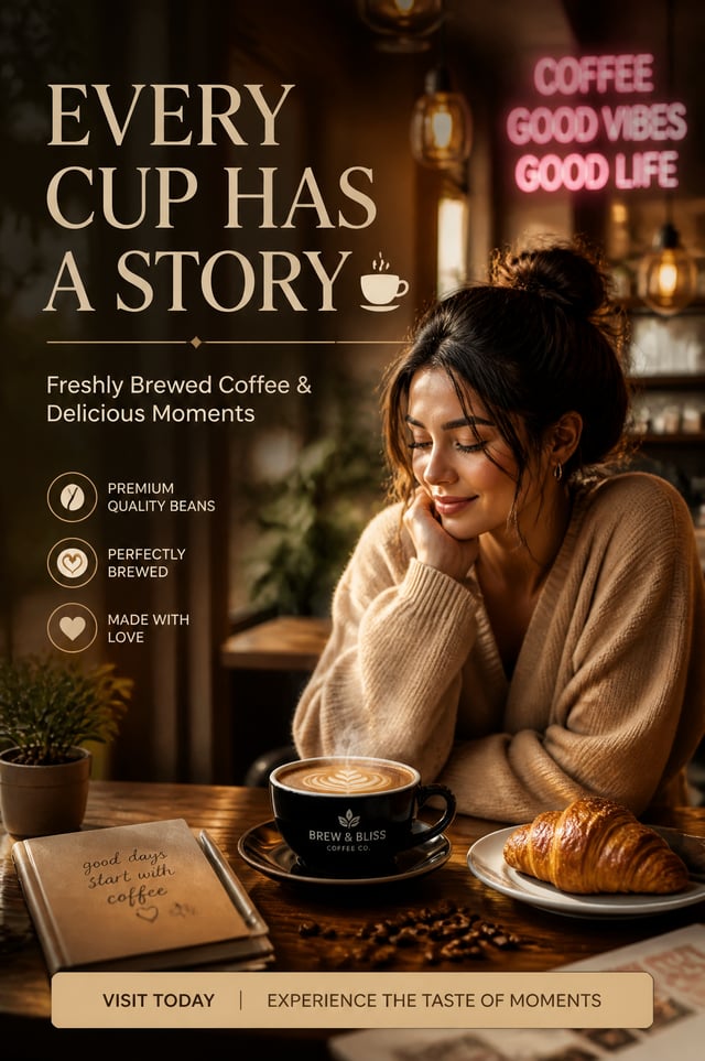 🎯 PROMPT (Cafe Advertisement | Ultra HD | Gen Z Aesthetic | Premium Editorial Style)Create an ultra