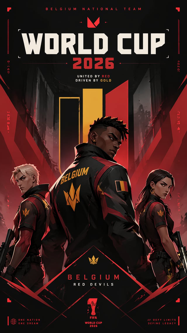 Valorant StyleVertical 9:16 poster of World Cup 2026, Belgium national team in sleek tactical shoote