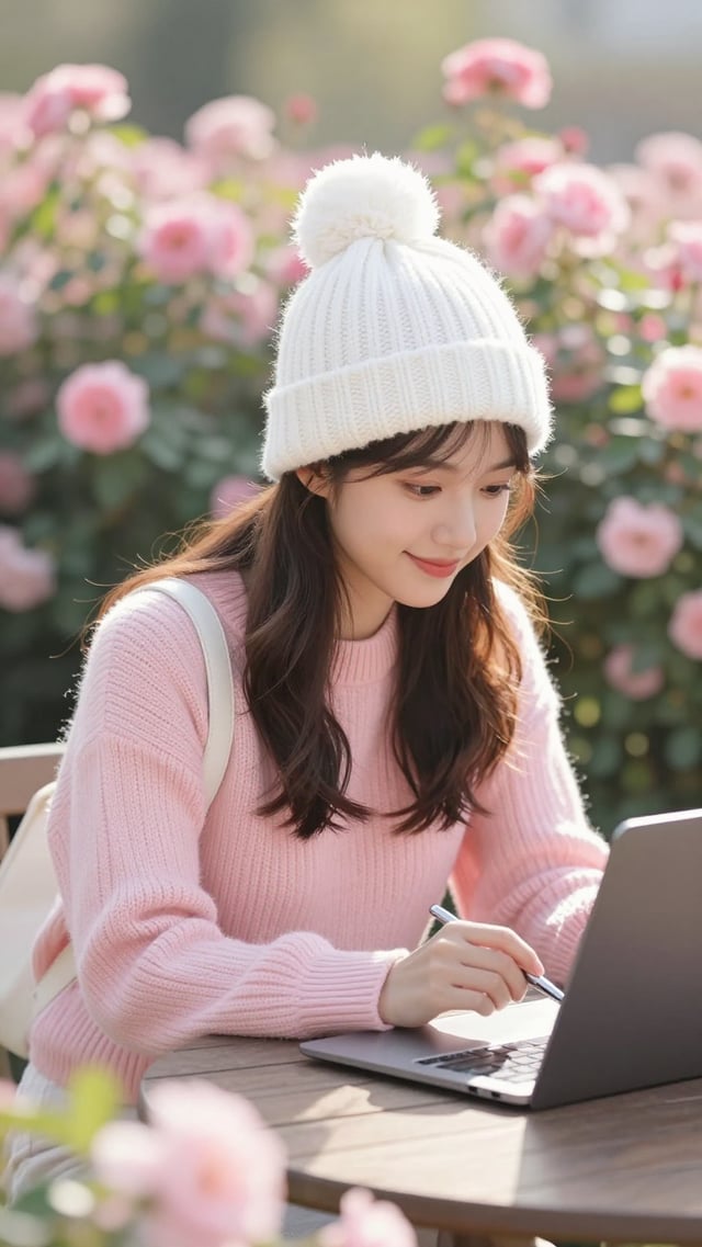 A vivid photograph of a young East Asian woman working outdoors, captured from a medium close-up, ey