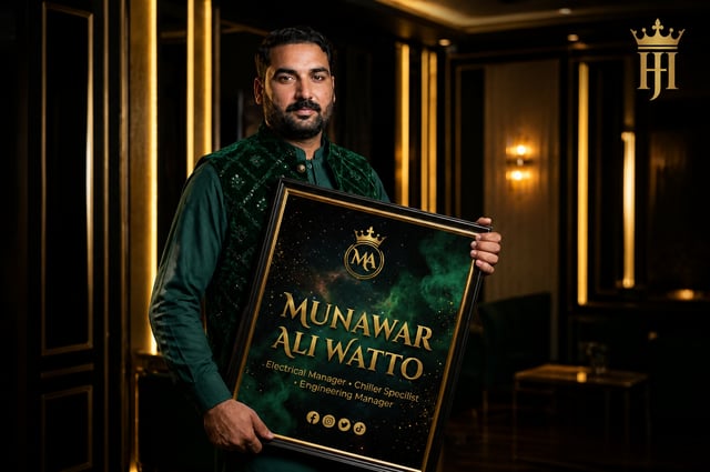 A professional Muslim man wearing a pakistani dress and wastecoat, holding a framed promotional post