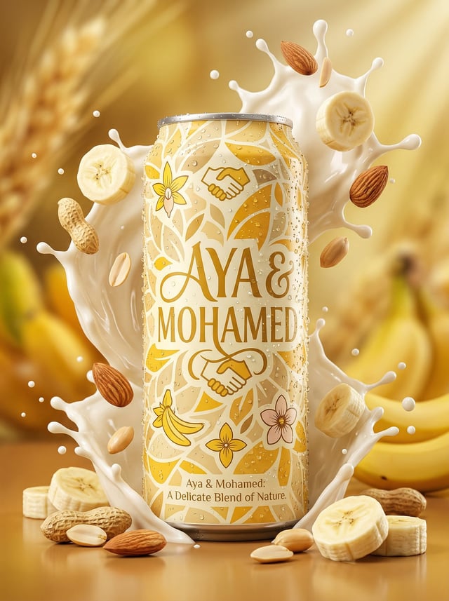 Hyper-realistic product advertisement of a AYA & MOHAMED can with yellow and cream design, surrounde