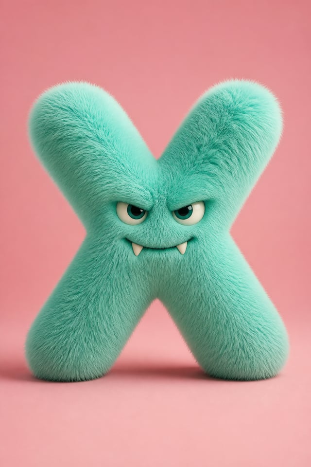 A highly realistic 3D render of the letter [x] designed as a full-body fluffy monster. The letter sh