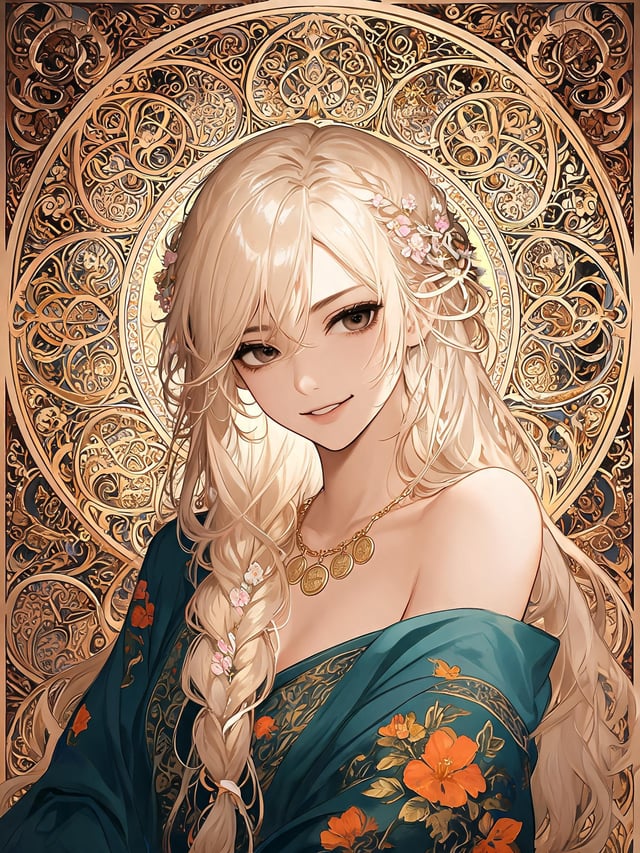 The visual style resembles a classical digital painting influenced by Art Nouveau and Byzantine icon