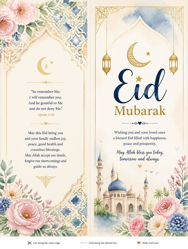 Generate a printable Eid greeting card template with watercolor Islamic patterns, floral borders and