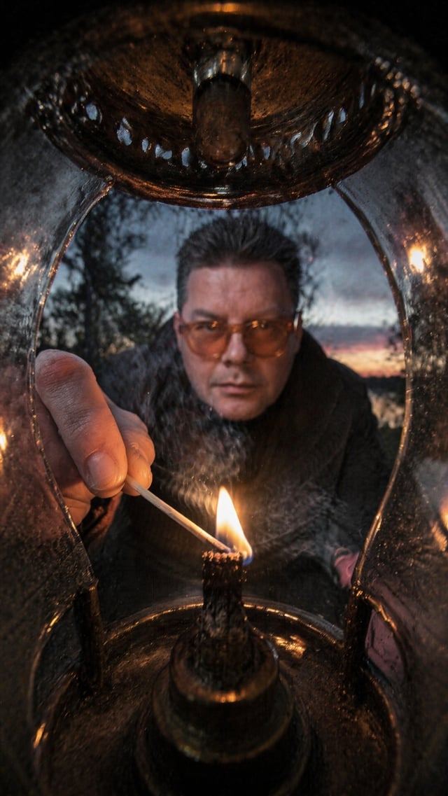 This [image1]in a camper lighting a lantern in the woods at dusk, viewed from an impossible non-huma