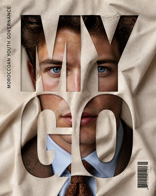 Vertical editorial poster portrait of WHITE MAN  with IN BROWN SUIT BLEU SHIRT AND BROEN TEXTURED TI