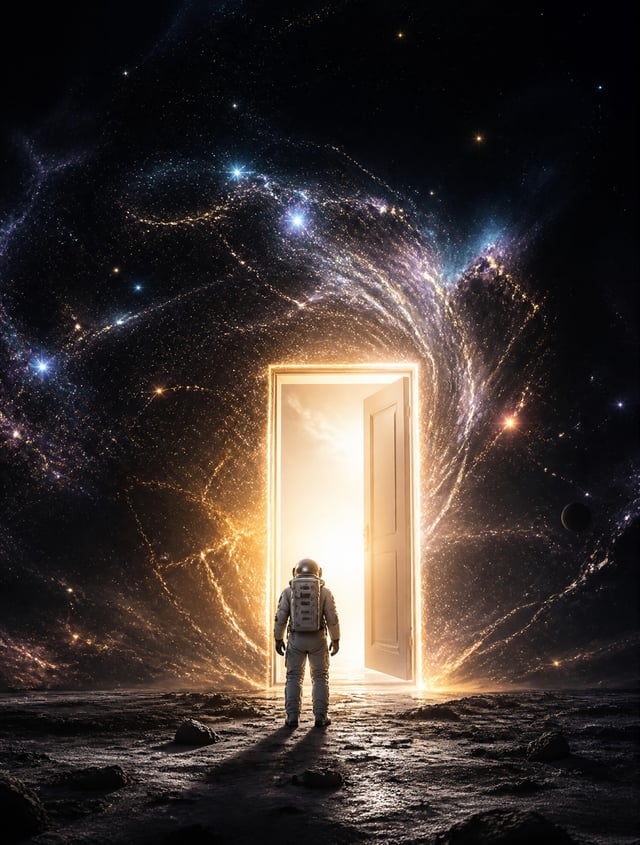 A lonely astronaut discovering a glowing door in the middle of the universe, stars bending around it