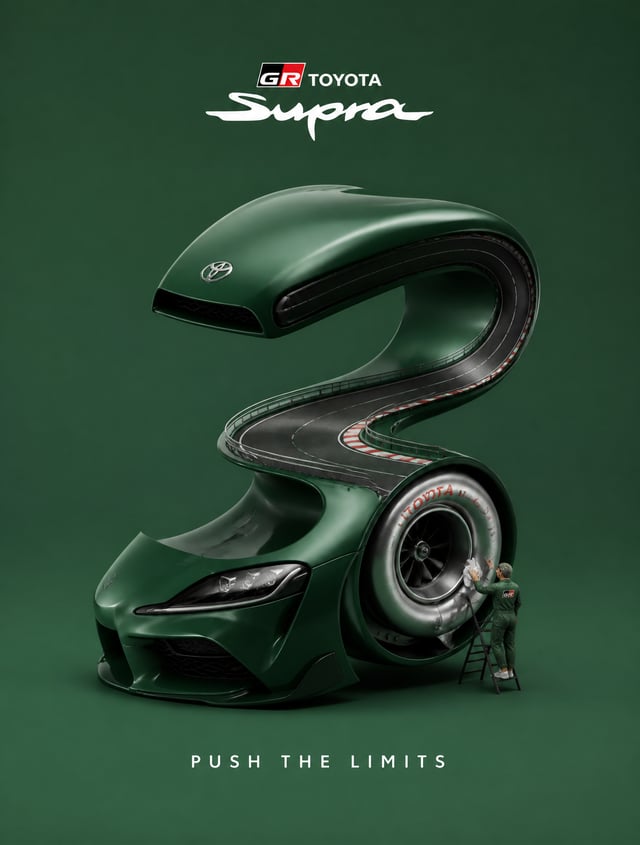 Create a creative 3D advertisement for [ TOYOTA GR SUPRA ], featuring a surreal object made from ele