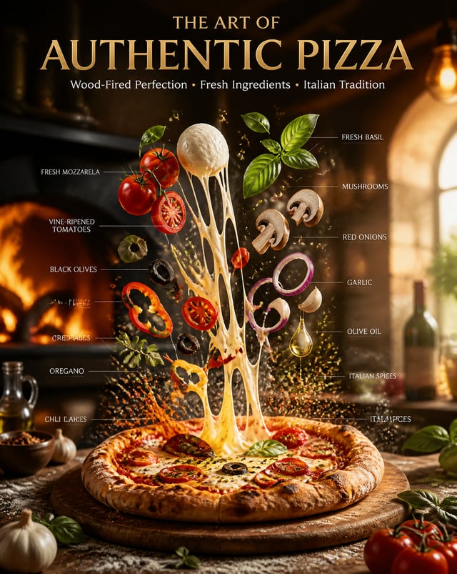Ultra-realistic cinematic food photography of an authentic artisan pizza, presented as a premium flo