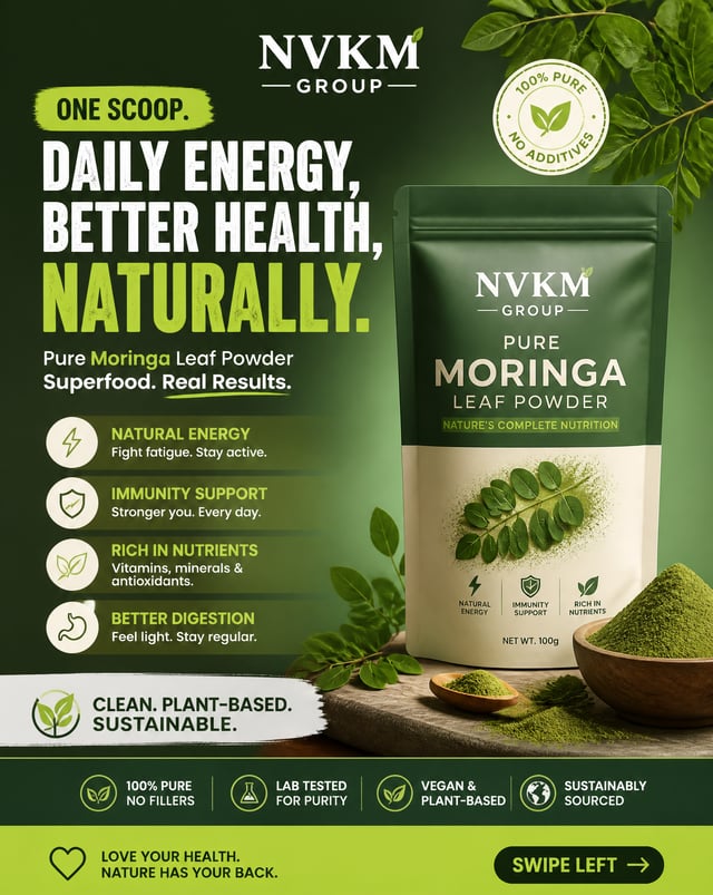 Create a high-converting carousel image for NVKM GROUP (moringa powder).