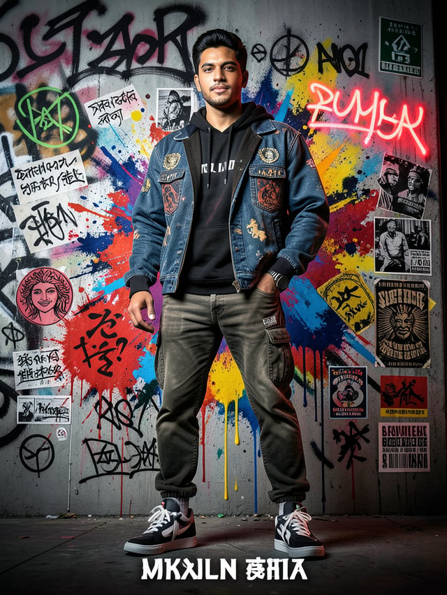 Create a high-detail portrait poster in a bold Japanese graffiti-inspired art style, combining moder