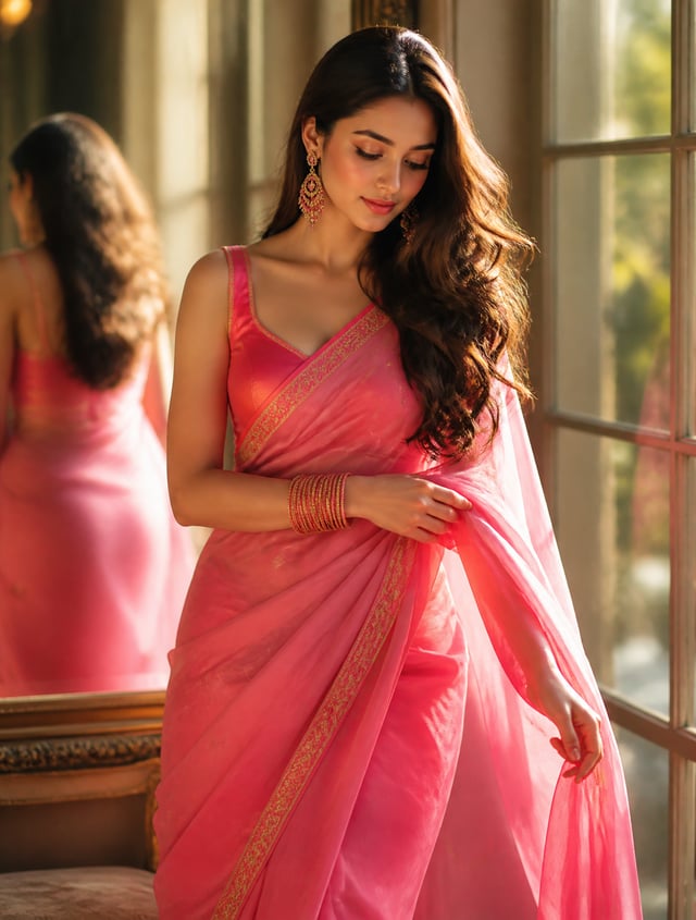 beside a large window in warm golden-hour sunlight, wearing a vibrant hot-pink saree with delicate g