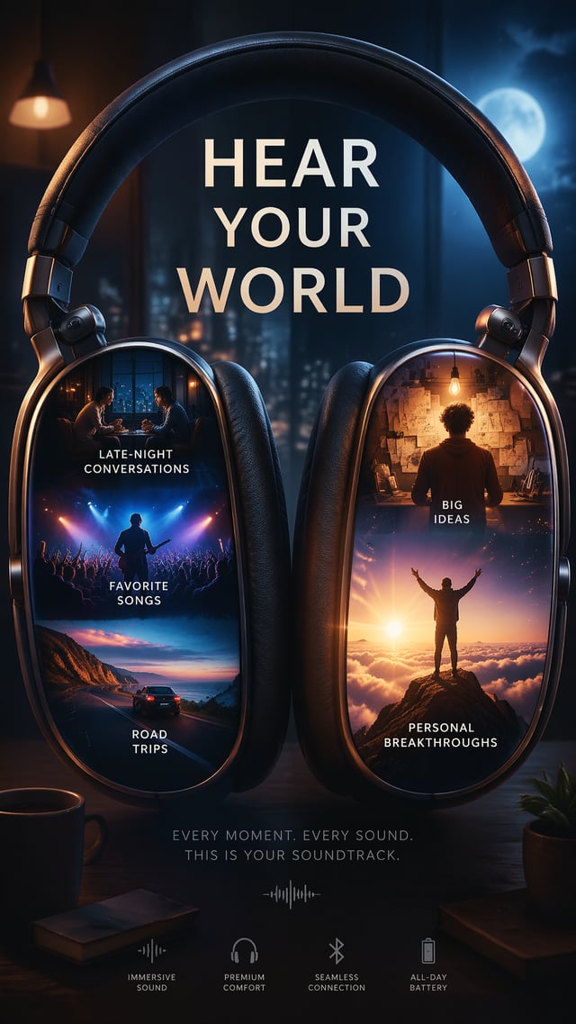 A premium 9:16 audio advertising poster.Main Subject:A pair of premium over-ear headphones occupying
