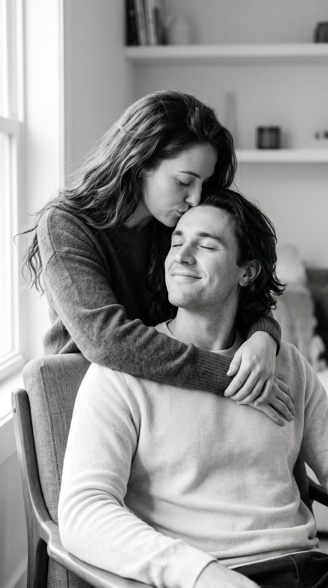 Create a gentle, intimate black-and-white portrait of a couple in a close embrace. The woman, with l