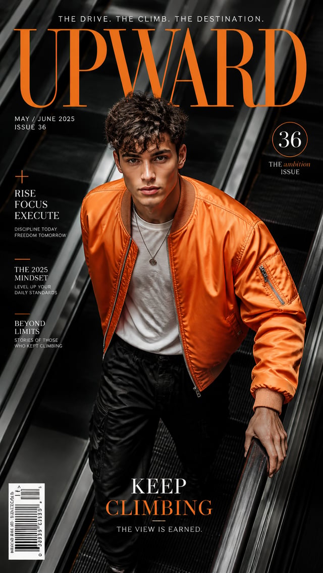 A premium 9:16 streetwear magazine cover.Main Subject:A confident young male model ascending an esca