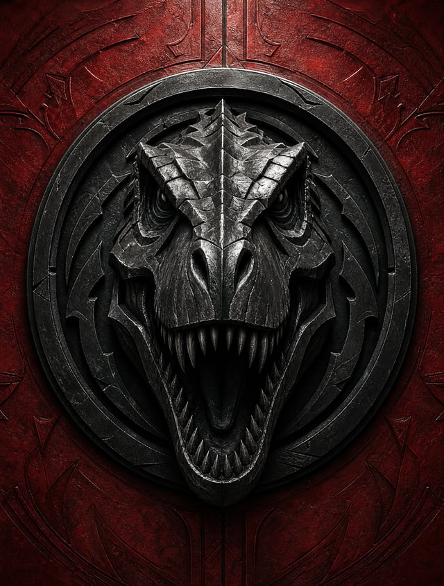 A massive 3D [T-rex] sculpted from matte black forged metal, mounted on a deep crimson red textured 