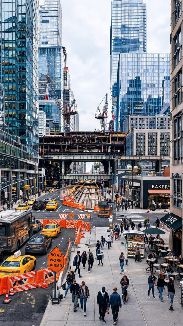Large realistic city continuing daily operations despite visible infrastructure delays and traffic d