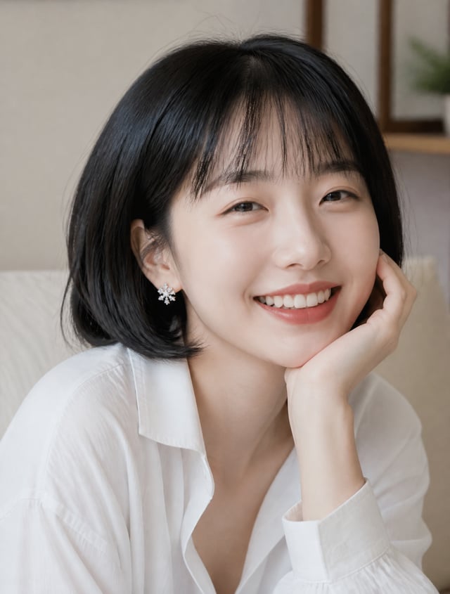 真实人像摄影，半身照，23 岁东亚年轻女生，柔和鹅蛋圆脸，柔和平缓骨相，自然齐刘海黑色短发，刘海轻薄带细碎空气感发丝，乌黑顺滑黑发。细长温柔单眼皮，深棕通透瞳孔，眼尾微微平缓上扬，淡裸色温柔淡妆，几乎