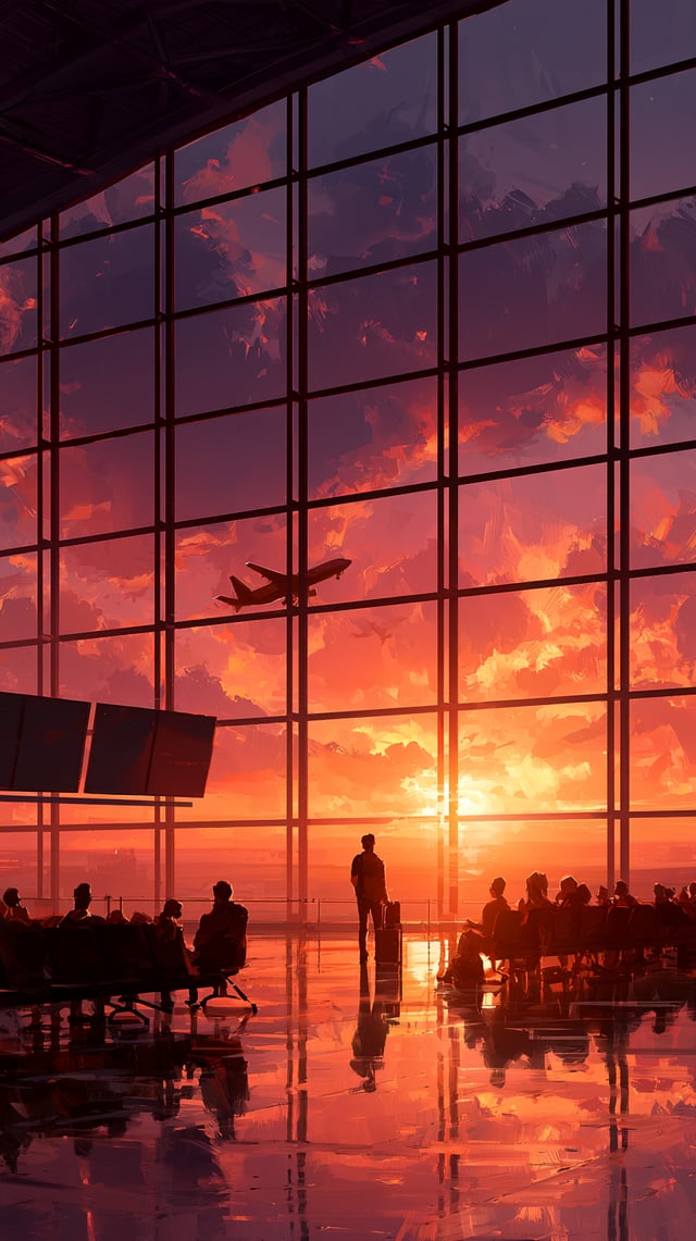Large realistic airport terminal with delayed flights, confused passengers looking at blank informat