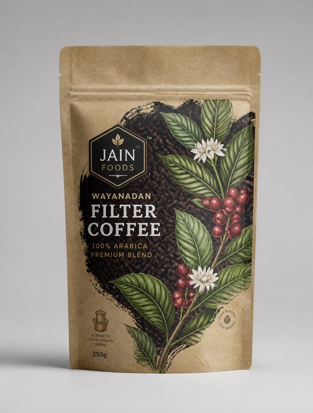 A vertical kraft paper stand-up pouch for "Jain Foods Wayanadan Filter Coffee" stands centered again