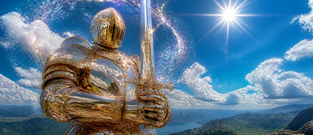 vertical low-angle shot half body portrait, medieval knight fully clad in mirror polished chrome gol