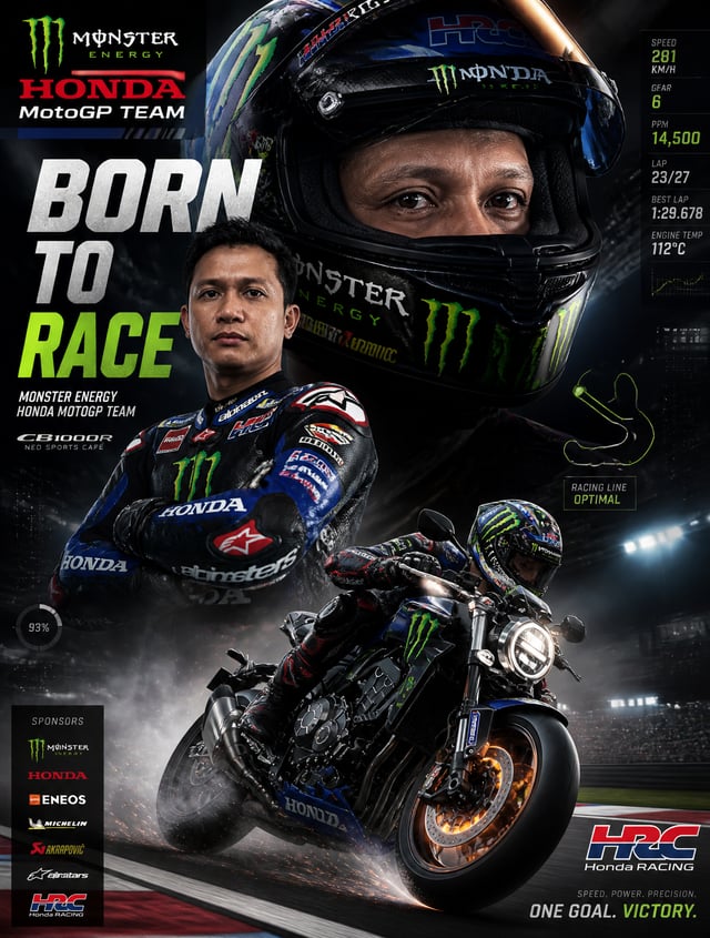 Monster Energy HONDA MotoGP Team VersionCreate an action-packed MotoGP racing poster featuring the r