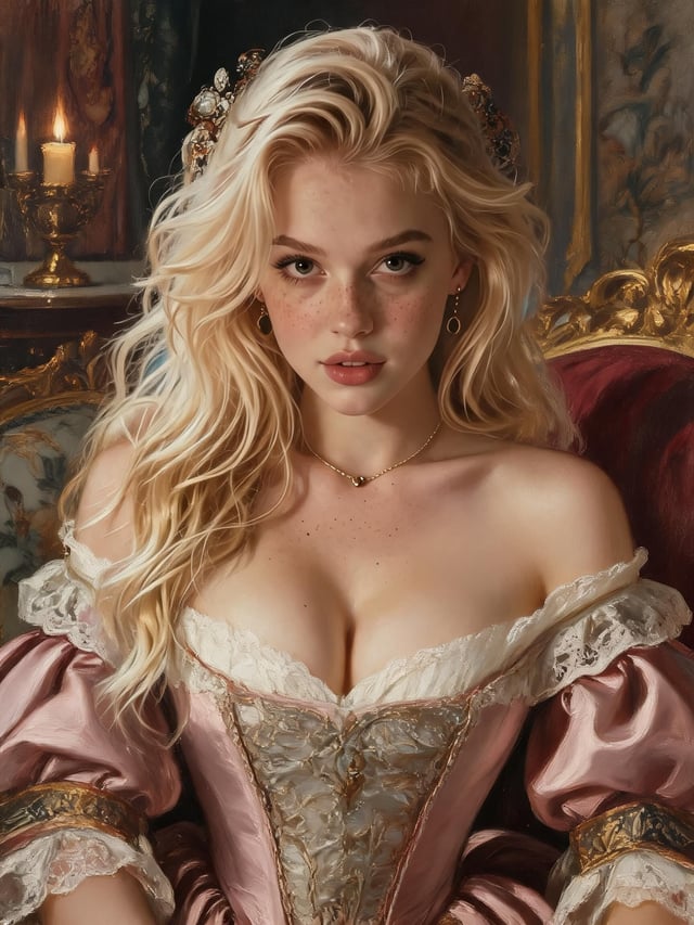 portrait half body female French concubine with slim curvy body painting by gaston bussiere, greg ru