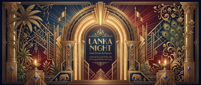 Lanka Night 荣誉晚宴主视觉KV，1930年代锡兰黄金时代灵感，Art Deco装饰艺术风格，Old Money审美，英伦贵族气质，21:9超宽横版。画面整体采用庄严的中轴对称构图，一座巨大