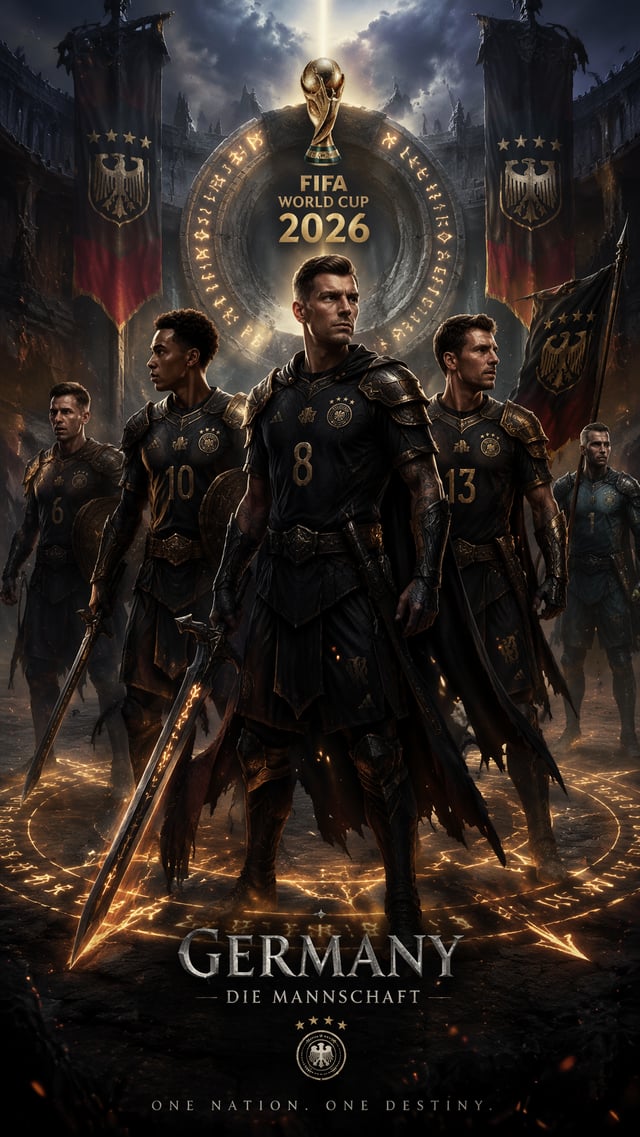 Dota 2 StyleVertical 9:16 poster of World Cup 2026, Germany national team portrayed as dark fantasy 