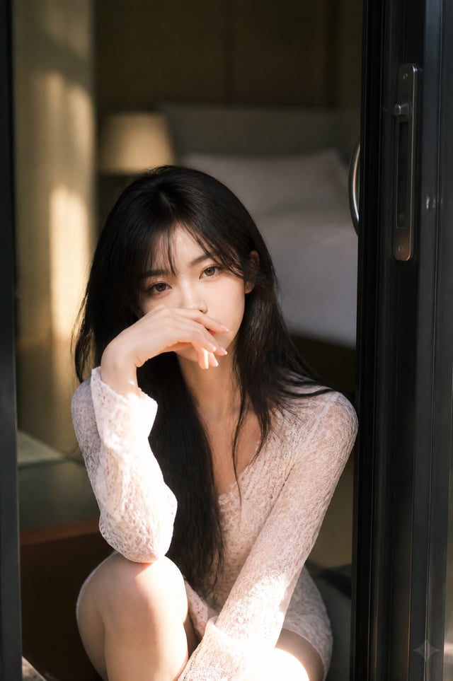 A beautiful Asian woman with long, flowing dark hair sits gracefully in the threshold of an open gla