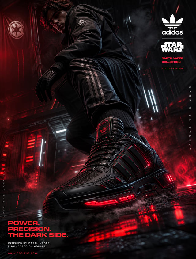 Got it—here’s your tweaked prompt focused on Adidas Darth Vader shoes:Create an ultra-premium footwe
