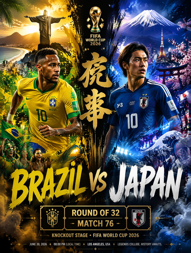 Ultra-detailed cinematic FIFA World Cup 2026 match poster, legendary knockout clash between Brazil a