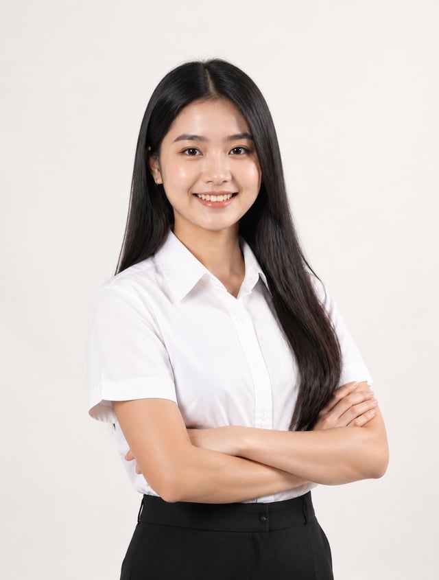 A young Southeast Asian woman with long, straight obsidian hair stands in a confident, arms-crossed 