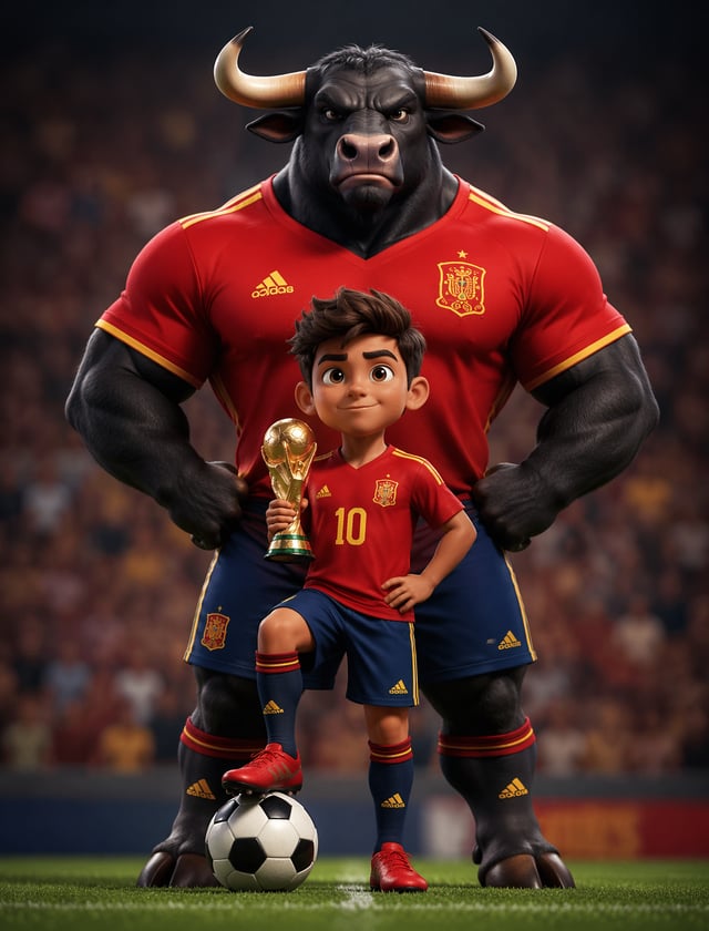 A stylized, muscular bull mascot with a stoic expression stands prominently in the background, weari