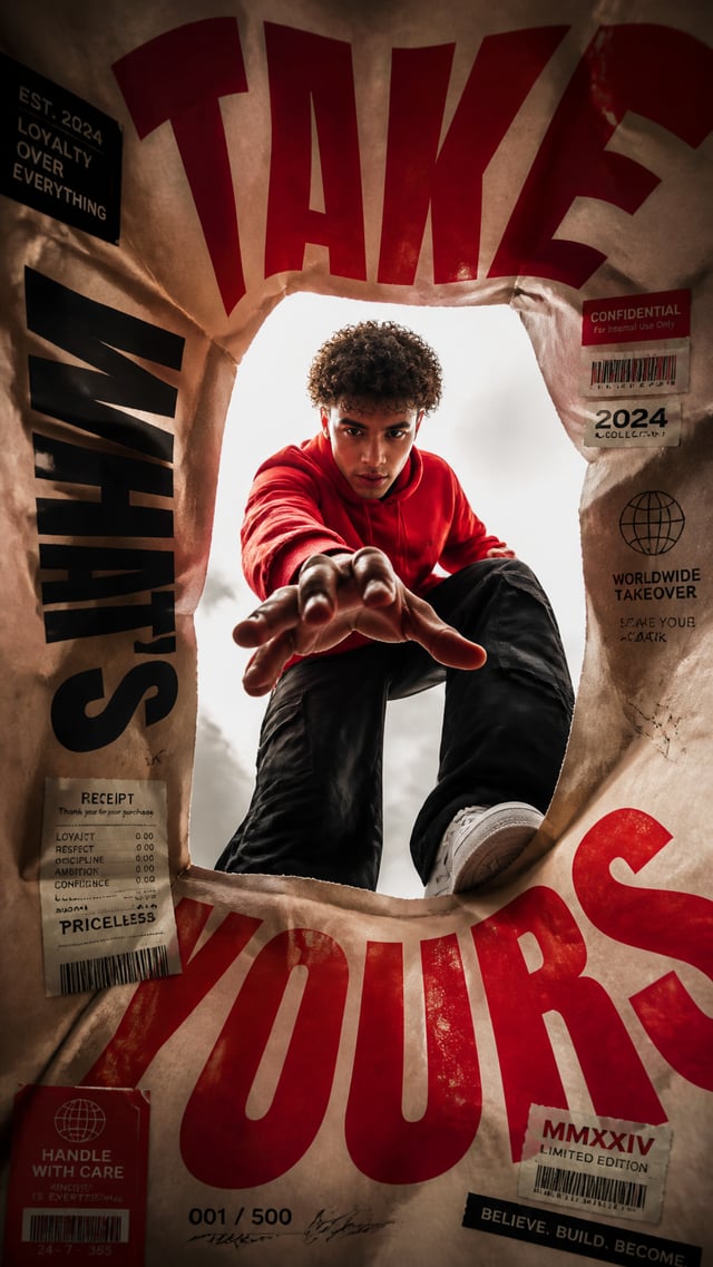 A premium 9:16 streetwear editorial advertising poster.Main Subject:A young male model looking down 