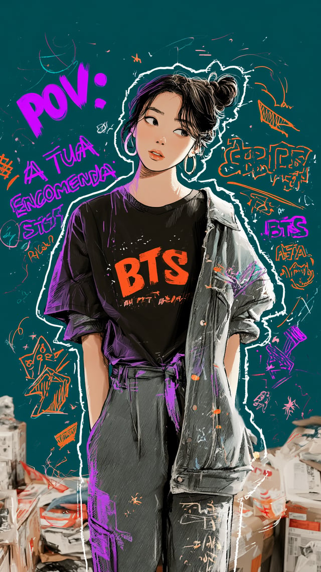 Adiciona o texto "POV: a tua encomenda BTS está a ser preparada". Dá destaque a este texto e remove 