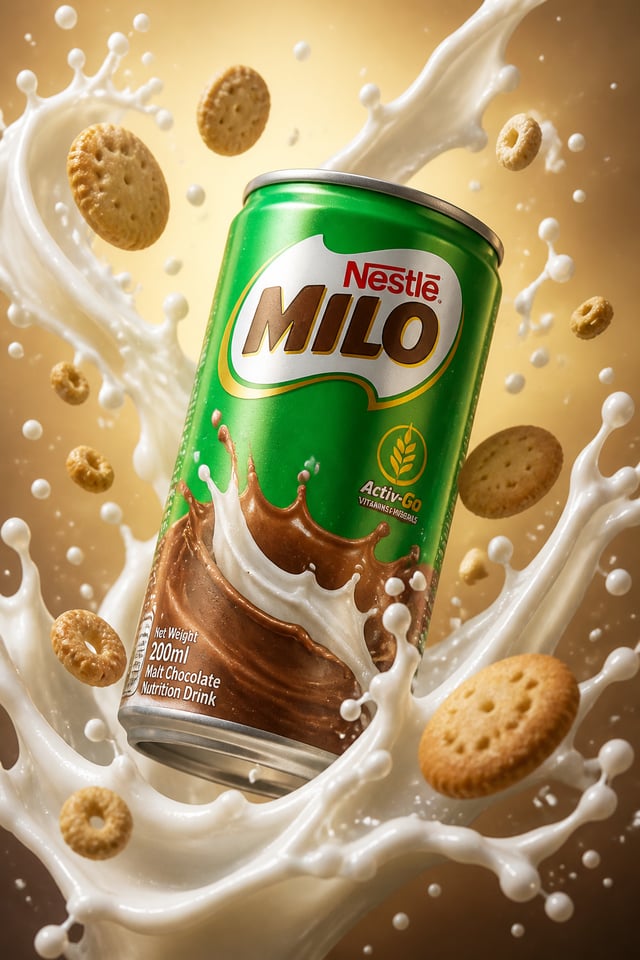 Create a high-quality, hyper-realistic advertisement image featuring a can of 'Milo' in mid-air. The