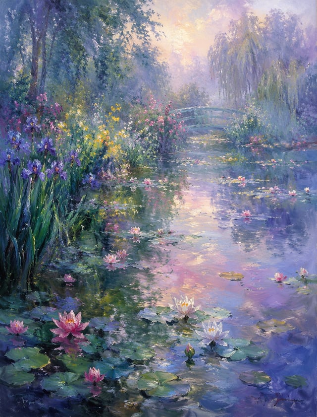 Impressionist oil painting in the style of Monet, summer lotus pond scenery, green lotus leaves cove