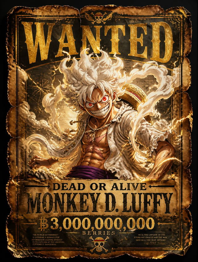 Legendary pirate wanted poster featuring Monkey D. Luffy in Gear 5 form, standing confidently in the
