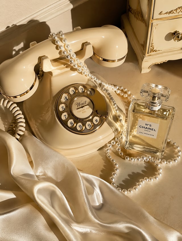 A chic, vintage-inspired aesthetic still-life photograph shot from a high angle. The central objects